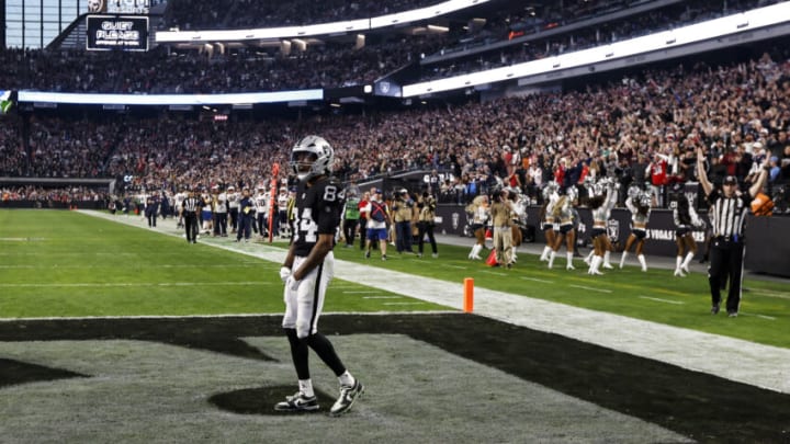 LAS VEGAS, NEVADA - DECEMBER 18: Keelan Cole #84 of the Las Vegas Raiders celebrates after scoring the tying touchdown during an NFL football game between the Las Vegas Raiders and the New England Patriots at Allegiant Stadium on December 18, 2022 in Las Vegas, Nevada. (Photo by Michael Owens/Getty Images)