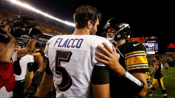 PITTSBURGH, PA - SEPTEMBER 30: Joe Flacco #5 of the Baltimore Ravens shakes hands with Ben Roethlisberger #7 of the Pittsburgh Steelers after a 26-14 win over the Pittsburgh Steelers at Heinz Field on September 30, 2018 in Pittsburgh, Pennsylvania. (Photo by Justin K. Aller/Getty Images)