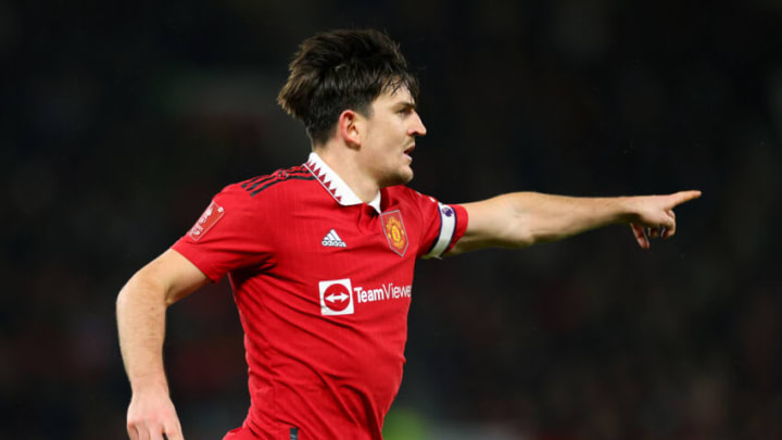 MANCHESTER, ENGLAND - MARCH 01: Harry Maguire of Manchester United gestures during the Emirates FA Cup Fifth Round match between Manchester United and West Ham United at Old Trafford on March 01, 2023 in Manchester, England. (Photo by Marc Atkins/Getty Images)