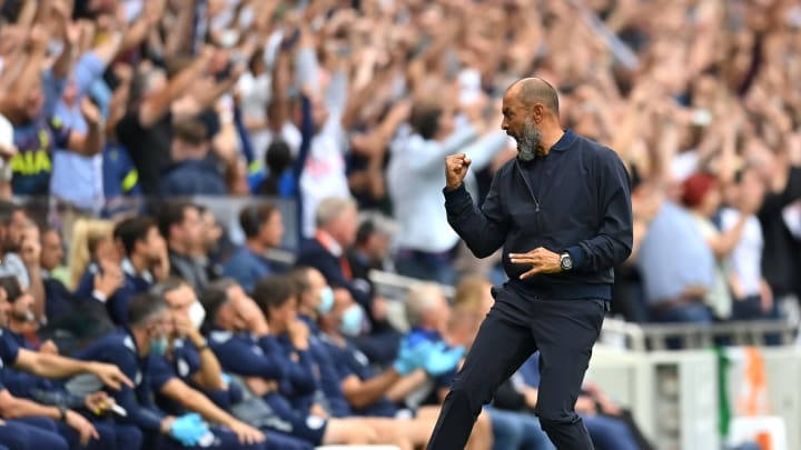 LONDON, ENGLAND – AUGUST 15: Nuno Espirito Santo, Manager of Tottenham Hotspur celebrates their side’s first goal scored by Heung-Min Son of Tottenham Hotspur (not pictured) during the Premier League match between Tottenham Hotspur and Manchester City at Tottenham Hotspur Stadium on August 15, 2021 in London, England. (Photo by Michael Regan/Getty Images)