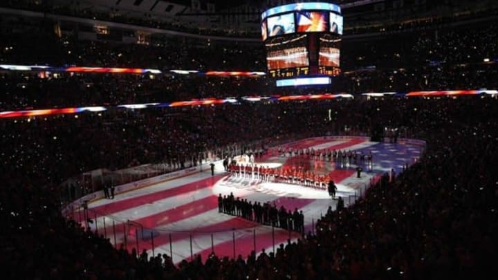 Oct 1, 2013; Chicago, IL, USA; A general view during the playing of the national anthem before the game between the Washington Capitals and Chicago Blackhawks at the United Center. Mandatory Credit: Rob Grabowski-USA TODAY Sports