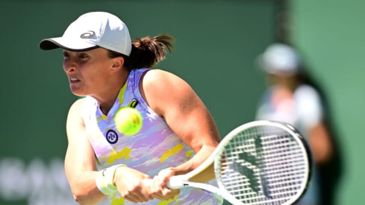 Mar 20, 2022; Indian Wells, CA, USA; Iga Swiatek (ITA) hits a shot during women’s final defeating Maria Sakkari (GRE) at the BNP Paribas Open at the Indian Wells Tennis Garden. Mandatory Credit: Jayne Kamin-Oncea-USA TODAY Sports