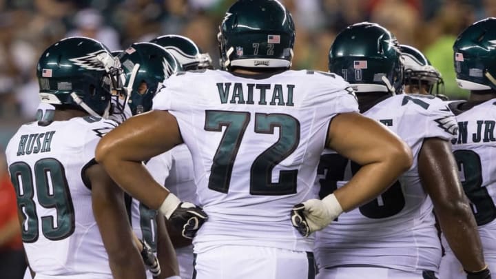 Aug 11, 2016; Philadelphia, PA, USA; Philadelphia Eagles offensive tackle Halapoulivaati Vaitai (72) in the huddle against the Tampa Bay Buccaneers at Lincoln Financial Field. The Philadelphia Eagles won 17-9. Mandatory Credit: Bill Streicher-USA TODAY Sports