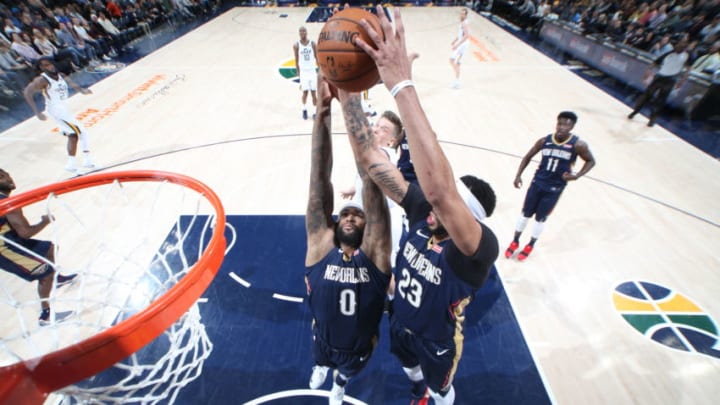 SALT LAKE CITY, UT - DECEMBER 1: DeMarcus Cousins #0 of the New Orleans Pelicans goes up for a rebound against the Utah Jazz on December 1, 2017 at vivint.SmartHome Arena in Salt Lake City, Utah. Copyright 2017 NBAE (Photo by Melissa Majchrzak/NBAE via Getty Images)