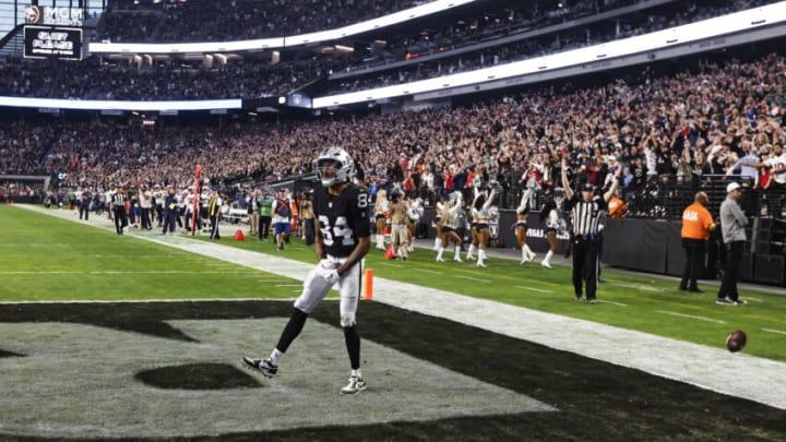 LAS VEGAS, NEVADA - DECEMBER 18: Keelan Cole #84 of the Las Vegas Raiders celebrates after scoring the tying touchdown during an NFL football game between the Las Vegas Raiders and the New England Patriots at Allegiant Stadium on December 18, 2022 in Las Vegas, Nevada. (Photo by Michael Owens/Getty Images)