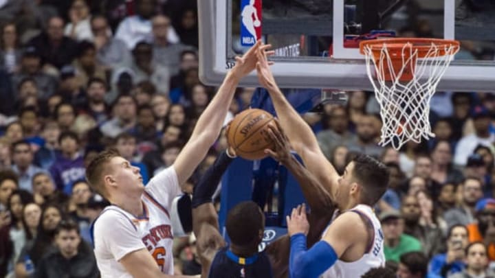 Jan 25, 2017; Dallas, TX, USA; New York Knicks forward Kristaps Porzingis (6) and center Willy Hernangomez (14) defend against Dallas Mavericks forward Harrison Barnes (40) during the second half at the American Airlines Center. The Mavericks defeat the Knicks 103-95. Mandatory Credit: Jerome Miron-USA TODAY Sports