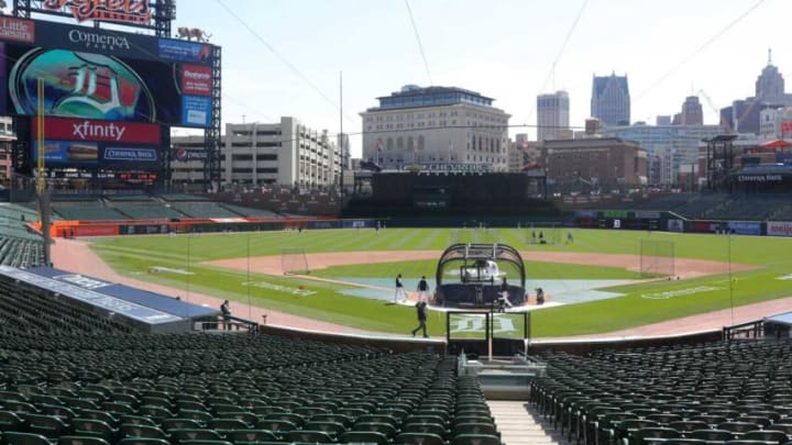 The Tigers take the field during practice on Wednesday, March 31, 2021, at Comerica Park, a day before Opening Day against the Cleveland Indians.Comerica Park overview, general view of Comerica Park