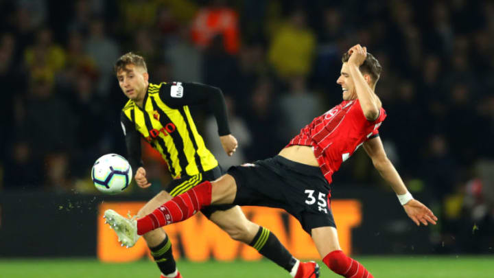 WATFORD, ENGLAND – APRIL 23: Jan Bednarek of Southampton stretches to controls the ball during the Premier League match between Watford FC and Southampton FC at Vicarage Road on April 23, 2019 in Watford, United Kingdom. (Photo by Warren Little/Getty Images)