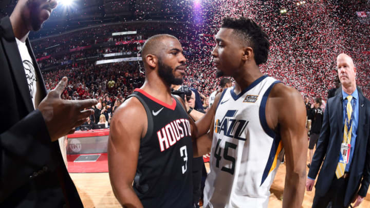 HOUSTON, TX - MAY 8: Chris Paul #3 of the Houston Rockets and Donovan Mitchell #45 of the Utah Jazz hug after the game during Game Five of the Western Conference Semifinals of the 2018 NBA Playoffs on May 8, 2018 at the Toyota Center in Houston, Texas. Copyright 2018 NBAE (Photo by Andrew D. Bernstein/NBAE via Getty Images)