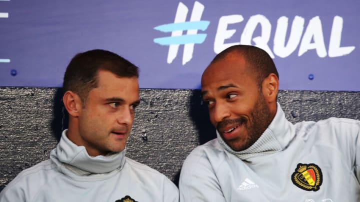 GLASGOW, SCOTLAND - SEPTEMBER 07: Shaun Maloney and Thierry Henry are seen during the International Friendly match between Scotland and Belgium at Hampden Park on September 7, 2018 in Glasgow, United Kingdom. (Photo by Ian MacNicol/Getty Images)