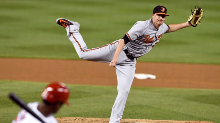 WASHINGTON, DC - JUNE 20: Brad Brach #35 of the Baltimore Orioles pitches in ninth inning during a baseball game against the Washington Nationals at Nationals Park on June 20, 2018 in Washington, DC. (Photo by Mitchell Layton/Getty Images)