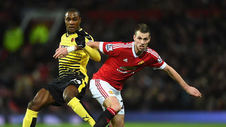 MANCHESTER, ENGLAND - MARCH 02: Odion Ighalo of Watford challenges Morgan Schneiderlin of Manchester United during the Barclays Premier League match between Manchester United and Watford at Old Trafford on March 2, 2016 in Manchester, England. (Photo by Laurence Griffiths/Getty Images)