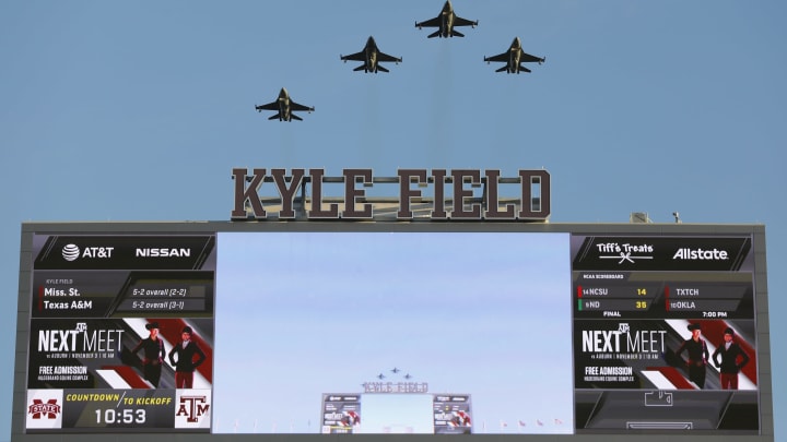 COLLEGE STATION, TX – OCTOBER 28: A view of an F-16 flyover before the game between the Texas A&M Aggies and the Mississippi State Bulldogs at Kyle Field on October 28, 2017 in College Station, Texas. (Photo by Tim Warner/Getty Images)