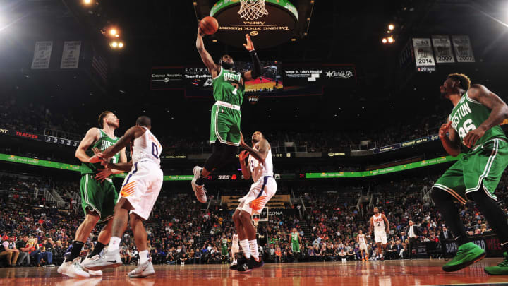 Jaylen Brown takes it to the basket for the jam on the fastbreak (Photo by Barry Gossage/NBAE via Getty Images)