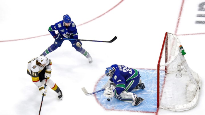 EDMONTON, ALBERTA - SEPTEMBER 03: Thatcher Demko #35 of the Vancouver Canucks stops a shot against Mark Stone #61 of the Vegas Golden Knights during the third period in Game Six of the Western Conference Second Round during the 2020 NHL Stanley Cup Playoffs at Rogers Place on September 03, 2020 in Edmonton, Alberta, Canada. (Photo by Bruce Bennett/Getty Images)