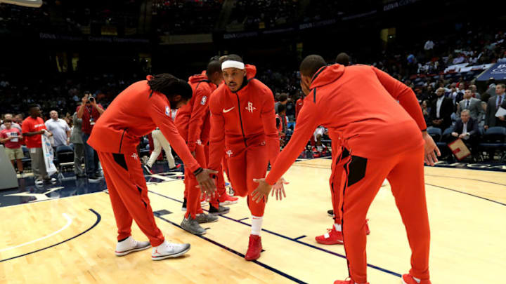 BIRMINGHAM, AL - OCTOBER 2: Carmelo Anthony #7 of the Houston Rockets gets introduced before the game against the Memphis Grizzlies on October 2, 2018 at Legacy Arena at The BJCC in Birmingham, Alabama. NOTE TO USER: User expressly acknowledges and agrees that, by downloading and or using this photograph, User is consenting to the terms and conditions of the Getty Images License Agreement. Mandatory Copyright Notice: Copyright 2018 NBAE (Photo by Joe Murphy/NBAE via Getty Images)
