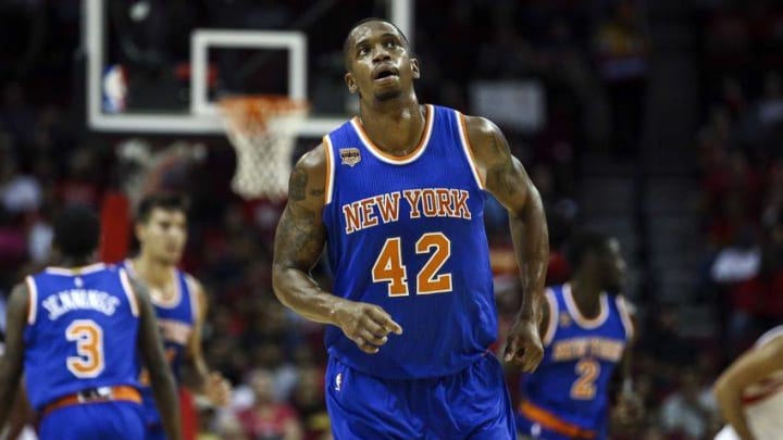 Oct 4, 2016; Houston, TX, USA; New York Knicks forward Lance Thomas (42) looks up after a play during the first half against the Houston Rockets at Toyota Center. Mandatory Credit: Troy Taormina-USA TODAY Sports