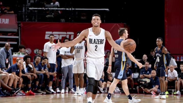 LAS VEGAS, NV – JULY 16: Wade Baldwin IV #2 of the Portland Trail Blazers looks on during the game against the Memphis Grizzlies during the 2018 Las Vegas Summer League on July 16, 2018 at the Thomas & Mack Center in Las Vegas, Nevada. NOTE TO USER: User expressly acknowledges and agrees that, by downloading and/or using this photograph, user is consenting to the terms and conditions of the Getty Images License Agreement. Mandatory Copyright Notice: Copyright 2018 NBAE (Photo by David Dow/NBAE via Getty Images)