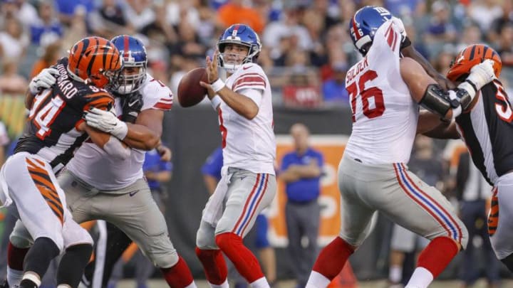 CINCINNATI, OH - AUGUST 22: Daniel Jones #8 of the New York Giants drops back to pass during the preseason game against the Cincinnati Bengals at Paul Brown Stadium on August 22, 2019 in Cincinnati, Ohio. (Photo by Michael Hickey/Getty Images)