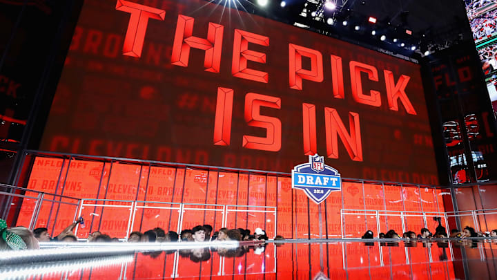 ARLINGTON, TX – APRIL 26: A video board displays the text “THE PICK IS IN” for the Cleveland Browns during the first round of the 2018 NFL Draft at AT&T Stadium on April 26, 2018 in Arlington, Texas. (Photo by Ronald Martinez/Getty Images)