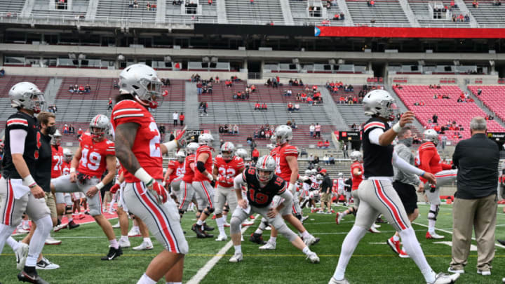 COLUMBUS, OH - APRIL 17: The Ohio State Buckeyes stretch and warm up before their Spring Game at Ohio Stadium on April 17, 2021 in Columbus, Ohio. (Photo by Jamie Sabau/Getty Images)