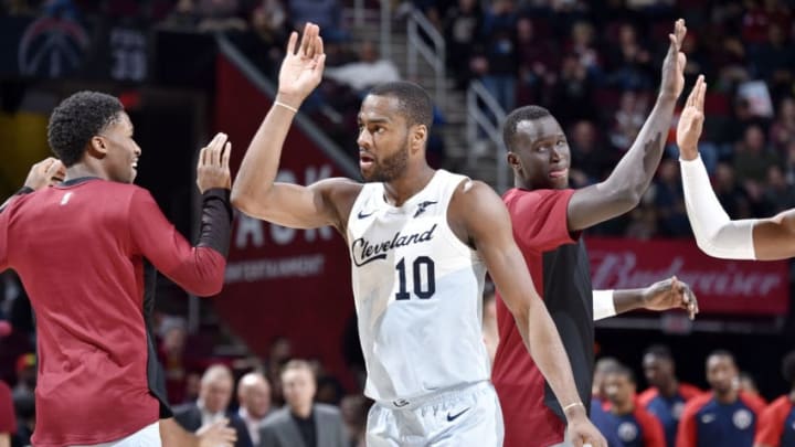 CLEVELAND, OH - JANUARY 29: Alec Burks #10 of the Cleveland Cavaliers high fives teammates during the game against the Washington Wizards on January 29, 2019 at Quicken Loans Arena in Cleveland, Ohio. NOTE TO USER: User expressly acknowledges and agrees that, by downloading and/or using this Photograph, user is consenting to the terms and conditions of the Getty Images License Agreement. Mandatory Copyright Notice: Copyright 2019 NBAE (Photo by David Liam Kyle/NBAE via Getty Images)