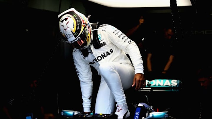 SINGAPORE - SEPTEMBER 15: Lewis Hamilton of Great Britain and Mercedes GP prepares to drive during practice for the Formula One Grand Prix of Singapore at Marina Bay Street Circuit on September 15, 2017 in Singapore. (Photo by Lars Baron/Getty Images)