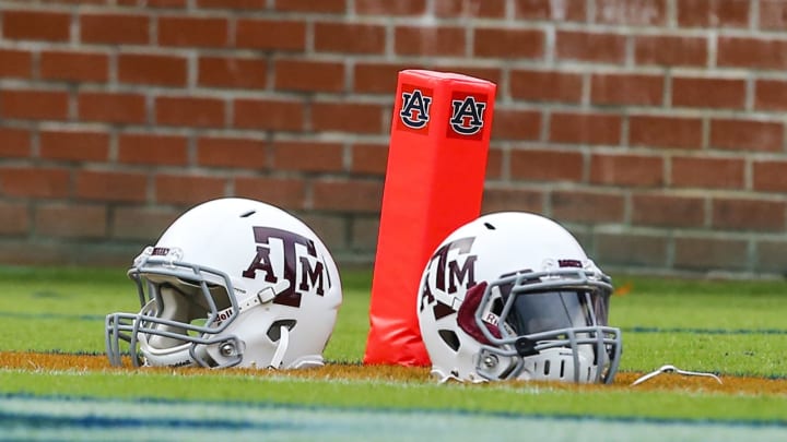 AUBURN, AL – SEPTEMBER 17: Texas A&M Aggies helmets sit on the field before an NCAA college football game against the Auburn Tigers on September 17, 2016 in Auburn, Alabama. (Photo by Butch Dill/Getty Images)