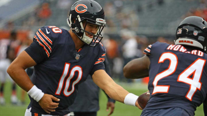 CHICAGO, IL - AUGUST 25: Mitchell Trubisky #10 and Jordan Howard #24 of the Chicago Bears participate in warm-ups before a preseason game against the Kansas City Chiefs at Soldier Field on August 25, 2018 in Chicago, Illinois. (Photo by Jonathan Daniel/Getty Images)