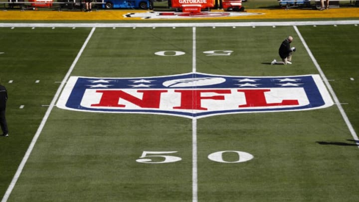 Feb 7, 2020; Tampa, FL, USA; General view of the NFL Shield logo on the field before Super Bowl LV between the Tampa Bay Buccaneers and the Kansas City Chiefs at Raymond James Stadium. Mandatory Credit: Kim Klement-USA TODAY Sports