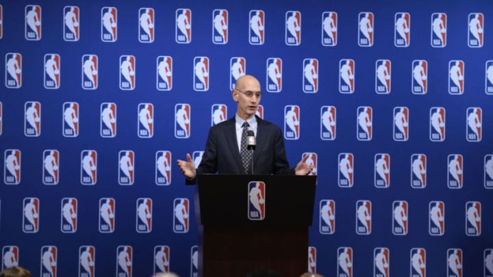LAS VEGAS, NV - JULY 10: NBA Commissioner Adam Silver speaks to the media after the Board of Governors meetings on July 10, 2018 at The Encore Casino and Hotel in Las Vegas, Nevada. NOTE TO USER: User expressly acknowledges and agrees that, by downloading and or using this photograph, User is consenting to the terms and conditions of the Getty Images License Agreement. Mandatory Copyright Notice: Copyright 2018 NBAE (Photo by David Dow/NBAE via Getty Images)
