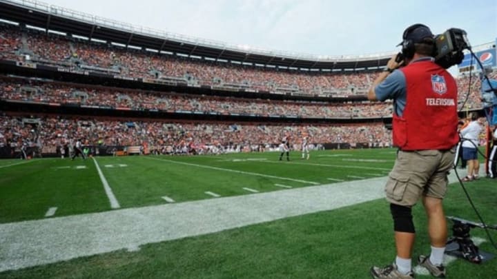 Oct 14, 2012; Cleveland, OH, USA; A television network camera man during a game between the Cincinnati Bengals and the Cleveland Browns at Cleveland Browns Stadium. Cleveland won 34-24. Mandatory Credit: David Richard-USA TODAY Sports