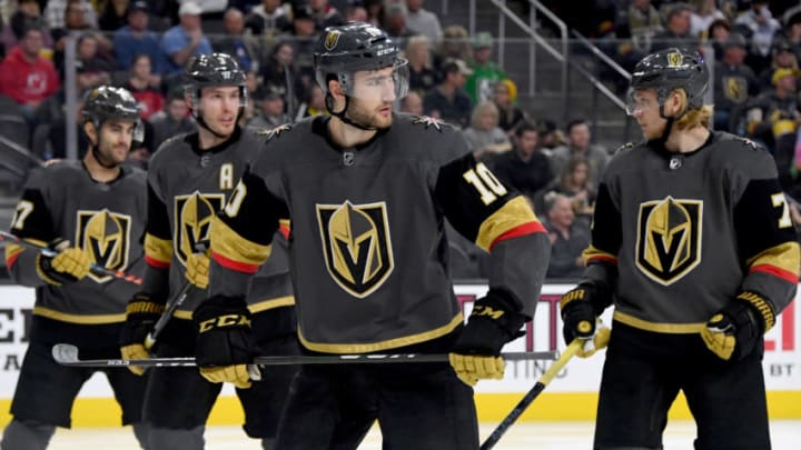 LAS VEGAS, NEVADA - MARCH 03: (L-R) Max Pacioretty #67, Brayden McNabb #3, Nicolas Roy #10 and William Karlsson #71 of the Vegas Golden Knights wait for a faceoff in the first period of their game against the New Jersey Devils at T-Mobile Arena on March 3, 2020 in Las Vegas, Nevada. The Golden Knights defeated the Devils 3-0. (Photo by Ethan Miller/Getty Images)