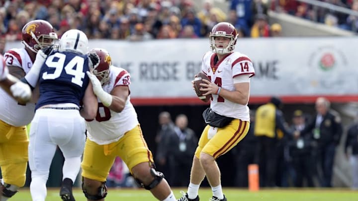 January 2, 2017; Pasadena, CA, USA; Southern California Trojans quarterback Sam Darnold (14) drops back to pass against the Penn State Nittany Lions during the first half of the 2017 Rose Bowl game at the Rose Bowl. Mandatory Credit: Gary A. Vasquez-USA TODAY Sports