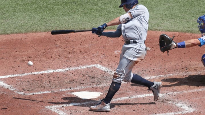 TORONTO, ON - AUGUST 12: Willy Adames #1 of the Tampa Bay Rays hits an RBI single in the fourth inning during MLB game action against the Toronto Blue Jays at Rogers Centre on August 12, 2018 in Toronto, Canada. (Photo by Tom Szczerbowski/Getty Images)