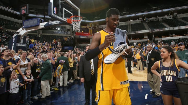 INDIANAPOLIS - APRIL 14: Roy Hibbert #55 of the Indiana Pacers signs autographs before a game against the Washington Wizards at Bankers Life Fieldhouse on April 14, 2015 in Indianapolis, Indiana. NOTE TO USER: User expressly acknowledges and agrees that, by downloading and or using this Photograph, user is consenting to the terms and condition of the Getty Images License Agreement. Mandatory Copyright Notice: 2015 NBAE (Photo by Ron Hoskins/NBAE via Getty Images)