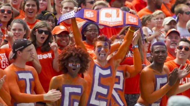 Sep 5, 2015; Clemson, SC, USA; Clemson Tigers fans during the first quarter against the Wofford Terriers at Clemson Memorial Stadium. Mandatory Credit: Joshua S. Kelly-USA TODAY Sports
