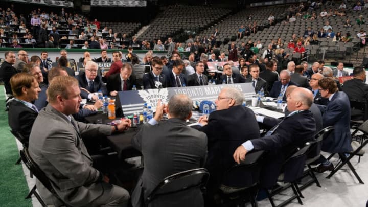 DALLAS, TX - JUNE 23: A general view of the Toronto Maple Leaf draft table is seen during the second day of the 2018 NHL Draft at American Airlines Center on June 23, 2018 in Dallas, Texas. (Photo by Brian Babineau/NHLI via Getty Images)
