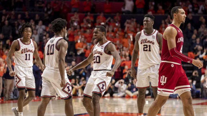 CHAMPAIGN, IL – MARCH 01: Andres Feliz #10 and Da’Monte Williams #20 of the Illinois Fighting Illini celebrate during the second half against the Indiana Hoosiers at State Farm Center on March 1, 2020 in Champaign, Illinois. (Photo by Michael Hickey/Getty Images)