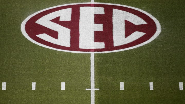 COLLEGE STATION, TEXAS – OCTOBER 31: The SEC logo is seen on the field before the game between the Texas A&M Aggies and the Arkansas Razorbacks at Kyle Field on October 31, 2020 in College Station, Texas. (Photo by Tim Warner/Getty Images)