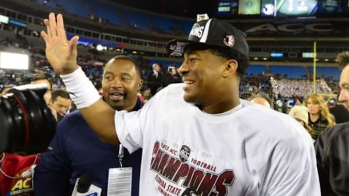 Dec 7, 2013; Charlotte, NC, USA; Florida State Seminoles quarterback Jameis Winston (5) reacts after the game. The Seminoles defeated the Blue Devils 45-7 at Bank of America Stadium. Mandatory Credit: Bob Donnan-USA TODAY Sports