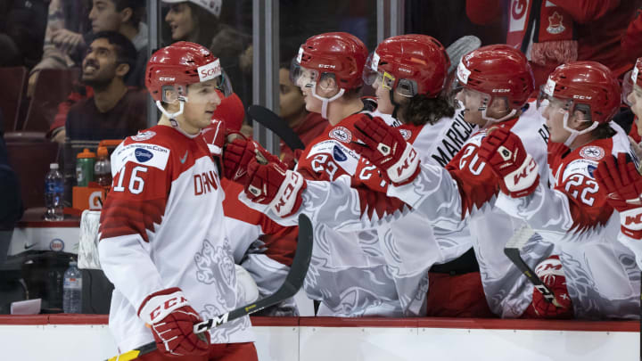VANCOUVER, BC – JANUARY 2: Jonas Rondbjerg #16 of Denmark celebrates with his teammates after scoring a goal in relegation group hockey action of the 2019 IIHF World Junior Championship against Kazakhstan on January, 2, 2019 at Rogers Arena in Vancouver, British Columbia, Canada. (Photo by Rich Lam/Getty Images)