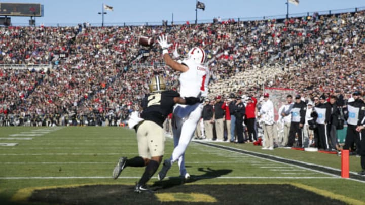 WEST LAFAYETTE, IN – NOVEMBER 25: Simmie Cobbs Jr. #1 of the Indiana Hoosiers makes a one-yard touchdown catch over Da’Wan Hunte #2 of the Purdue Boilermakers in the first quarter of a game at Ross-Ade Stadium on November 25, 2017 in West Lafayette, Indiana. (Photo by Joe Robbins/Getty Images)