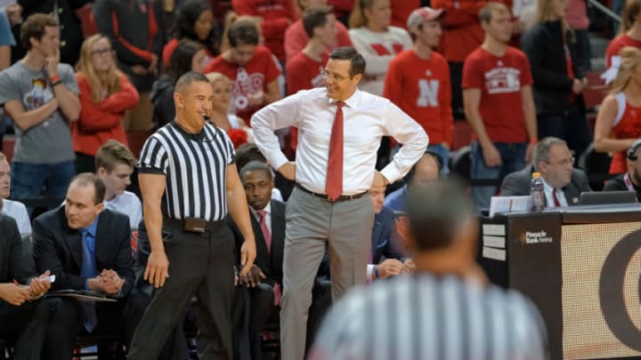 LINCOLN, NE - NOVEMBER 11: Head coach Tim Miles of the Nebraska Cornhuskers chat with an official during their game against the Southeastern Louisiana Lions at Pinnacle Bank Arena on November 11, 2018 in Lincoln, Nebraska. (Photo by Eric Francis/Getty Images)