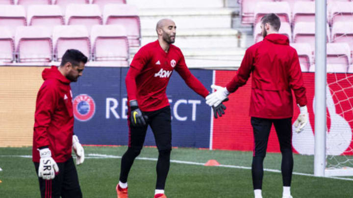 01 De Gea of Manchester United, 13 Lee Grant of Manchester United and 22 Sergio Romero of Manchester United during the training session before the second leg Champions League match of Quarter final between FC Barcelona and Manchester United in Camp Nou Stadium in Barcelona 15 of April of 2019, Spain. (Photo by Xavier Bonilla/NurPhoto via Getty Images)