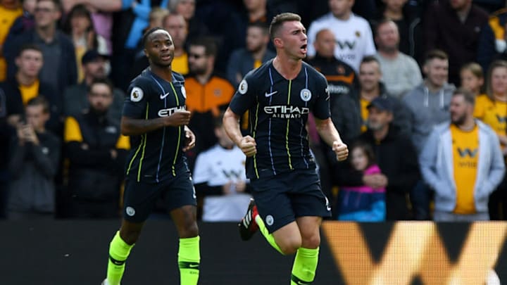 WOLVERHAMPTON, ENGLAND - AUGUST 25: Aymeric Laporte of Manchester City celebrates after scoring his sides first goal during the Premier League match between Wolverhampton Wanderers and Manchester City at Molineux on August 25, 2018 in Wolverhampton, United Kingdom. (Photo by Shaun Botterill/Getty Images)