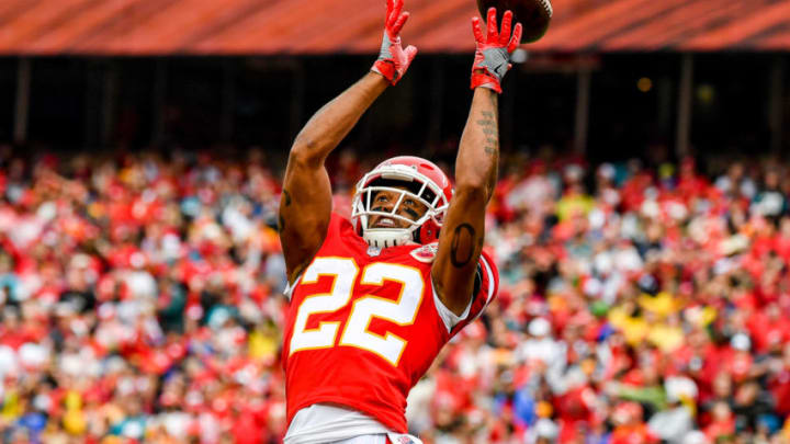 KANSAS CITY, MO - OCTOBER 7: Orlando Scandrick #22 of the Kansas City Chiefs leaps in the air for the ball in celebration of the defenses interception during the second quarter of the game against the Jacksonville Jaguars at Arrowhead Stadium on October 7, 2018 in Kansas City, Missouri. (Photo by Peter Aiken/Getty Images)
