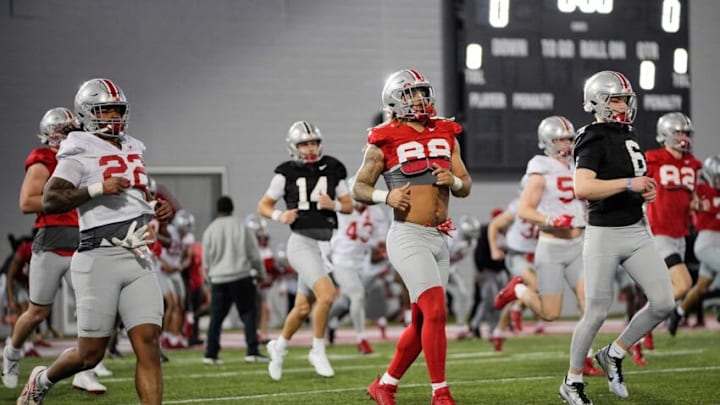 Mar 9, 2023; Columbus, Ohio, USA; Ohio State Buckeyes tight end Gee Scott Jr. (88) runs during spring football practice at the Woody Hayes Athletic Center. Mandatory Credit: Adam Cairns-The Columbus DispatchFootball Buckeyes Spring Football