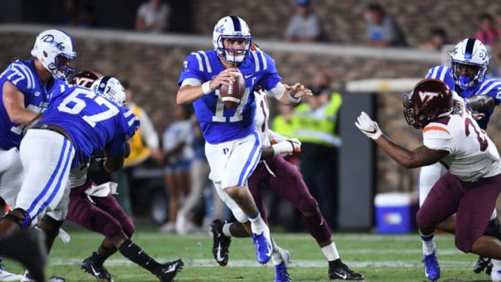 DURHAM, NC - SEPTEMBER 29: Daniel Jones #17 of the Duke Blue Devils against the Virginia Tech Hokies during their game at Wallace Wade Stadium on September 29, 2018 in Durham, North Carolina. Virginia Tech won 31-14. (Photo by Grant Halverson/Getty Images)