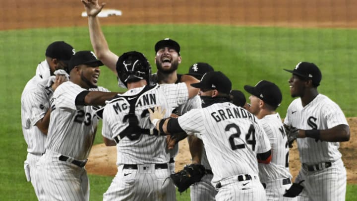 CHICAGO, ILLINOIS - AUGUST 25: Lucas Giolito #27 of the Chicago White Sox celebrates his no-hitter against the Pittsburgh Pirates on August 25, 2020 in Chicago, Illinois. (Photo by David Banks/Getty Images)